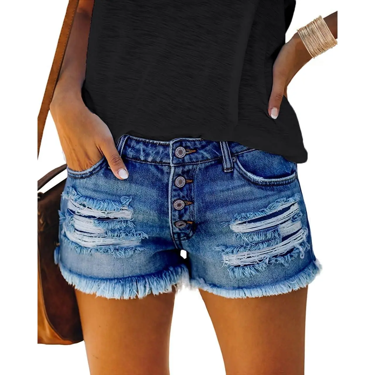 Women's Super Comfy Ripped Denim Shorts, Mid Rise Button Cutoffs with Raw Hem, A Modern Twist for Street & Peplum Party Looks, Crop, Lightweight