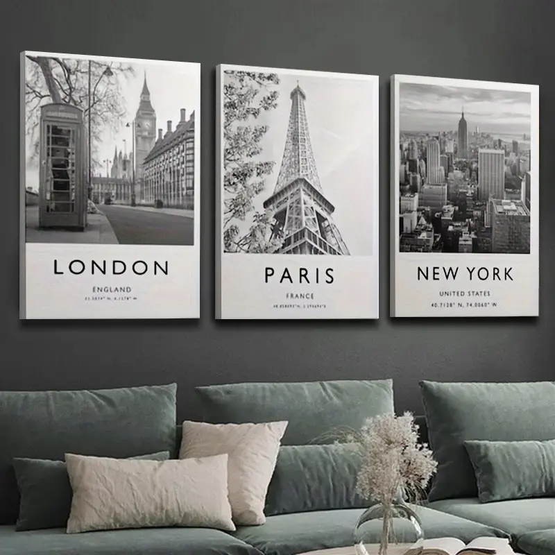 Frame-Style 3-Piece London New York Paris Artistic Poster Set - Wood Framed Canvas Travel Prints, Living Room & Bedroom Wall Decor, Decor Inspo Home Supplies Gift, Fashion