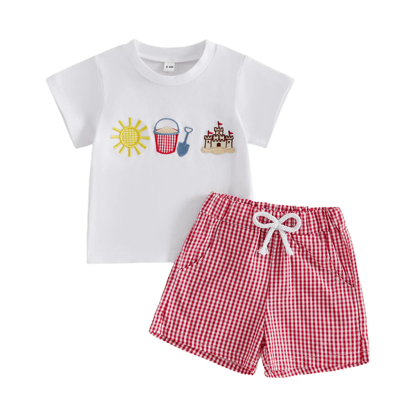 [Mini Cloud] Toddler Baby Summer Clothing Set Fashionable Short Sleeve Beach Castle Embroidery Tops with Plaid Shorts 2Pcs Outfit