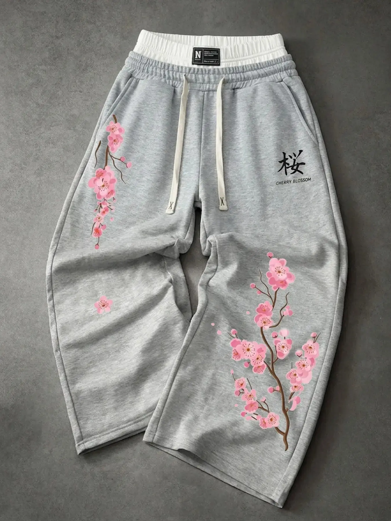 Sakura Graphic Baggy Sweatpants, Double Waistband Joggers, Y2K Alt Streetwear Bottoms, Slim-Fitting, All Seasons, Straight Cut