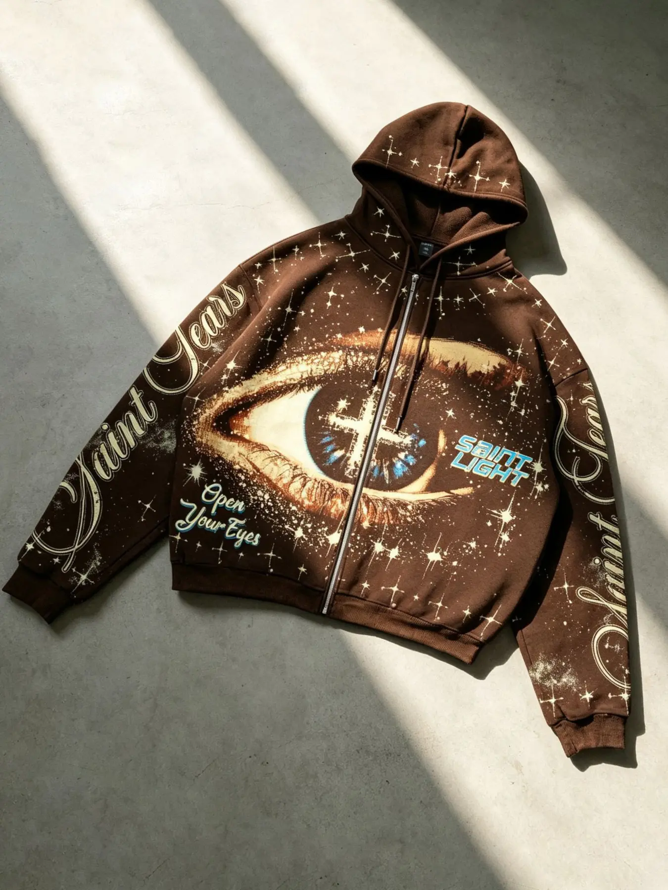Saint Light Starry Sky Eye Zipper Hoodie for Men and Women, Y2K American Hip Hop Retro Cross Eye Print Long Sleeve Cardigan Hoodie, Fleece Style, Autumn/Winter, Star Portrait Hoodie for Men, Street Style, Casual Streetwear Hoodie