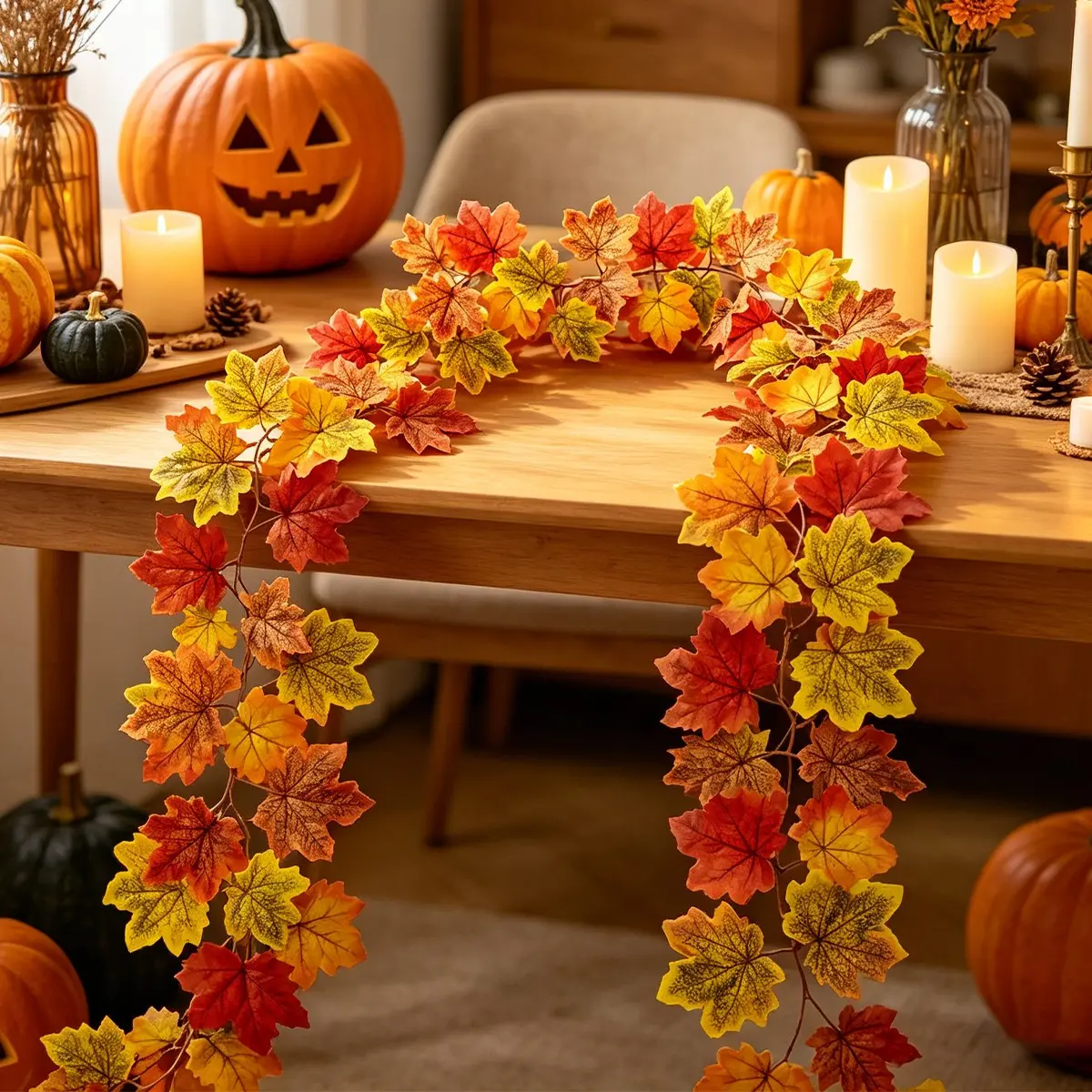 Artificial Autumn Maple Leaf Wreath Vine, Fall Decorative Hanging Plant, Indoor Outdoor Decoration, Home Wedding Party Store Garden Easter Thanksgiving