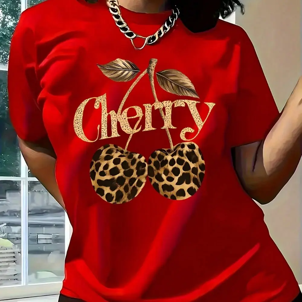 Casual Round Neck T-Shirt for Women, Plus Size Loose Fit Top with Leopard Cherry Graphic, Short Sleeve 100% Knitted Cotton, Party, Shortsleeve, Tshirt, Soft
