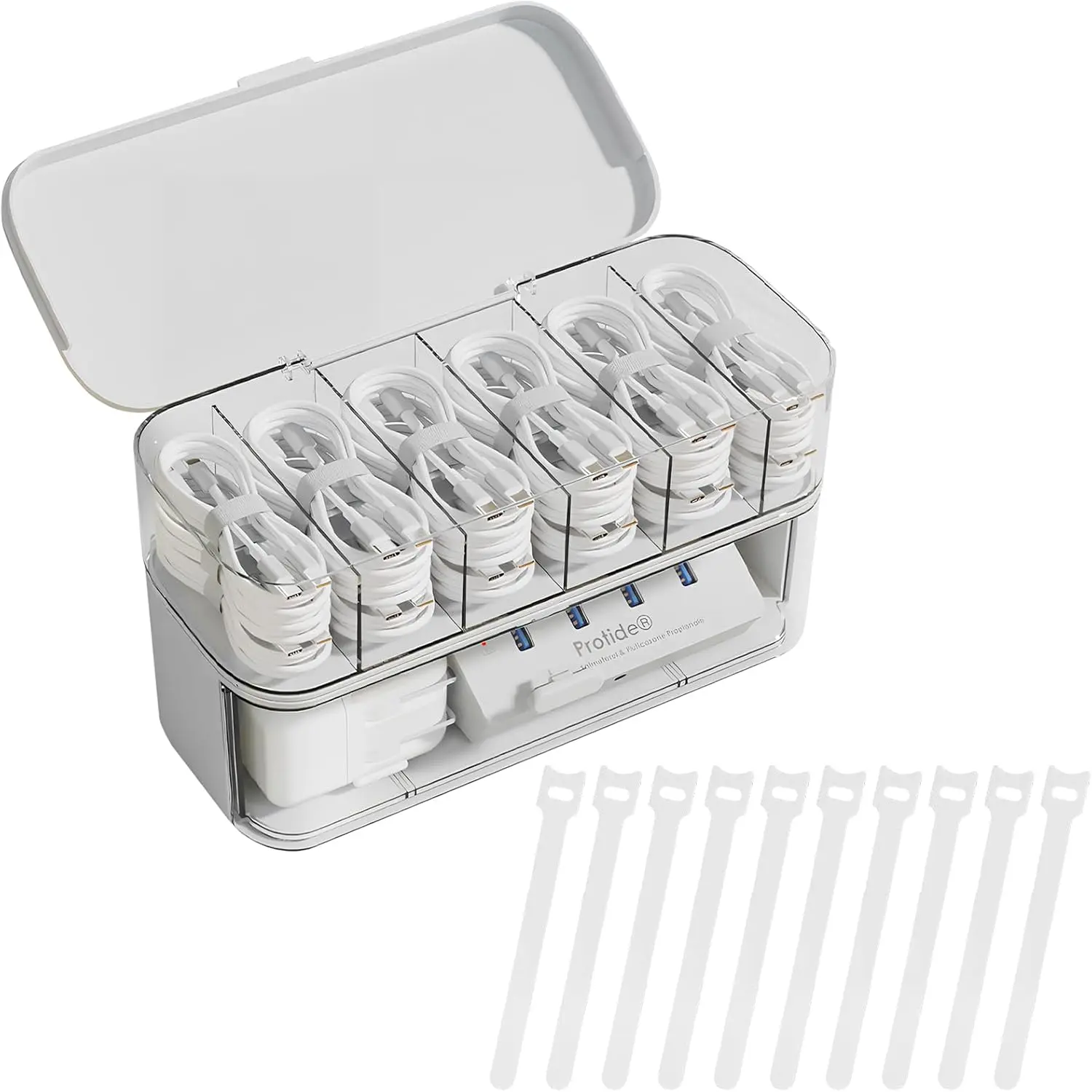 Organizer with 10 Wire Ties,  White Cord Holder with 6 Compartments and Drawer, Plastic  Cord Storage Box for Power Cord,  Plug, ,