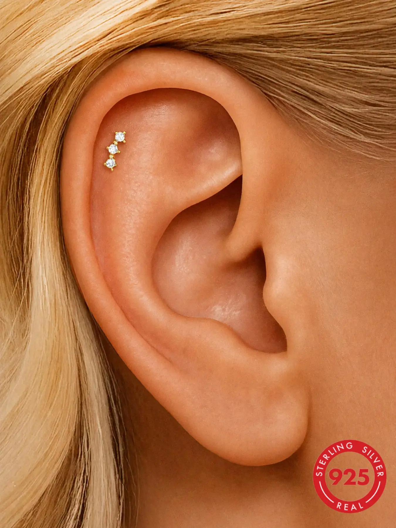 1pc S925 Sterling Silver Ins Minimalist Triple Diamond Inlaid Flat BackCartilage Helix Piercing Stud Earrings White Gold Tiny Cartilage Earrings for Women Daily Commute Dating