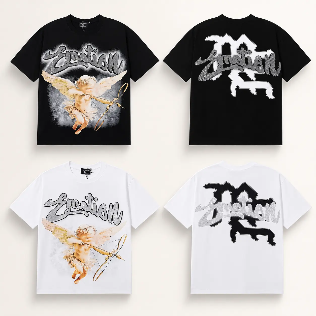 RMIXED EMOTION Rhinestone Graphic T-Shirt Men Women Oversized Cotton Tee Short Sleeve Crew Neck Streetwear Top Angel Print Gothic Y2K Hip Hop Casual Summer Shirt
