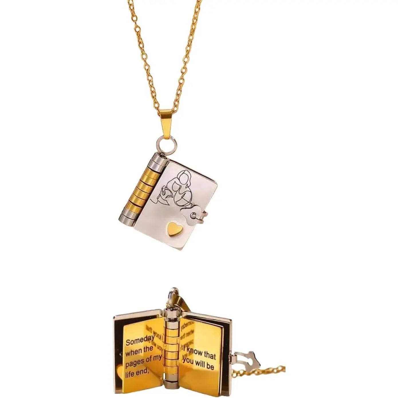 Modern Plated Steel Book Pendant Necklace for Daughters - Adjustable Chapter Book Jewelry with 6 Pages, Titanium-Plated Chain, Gift Ideas from Mom Dad Grandma