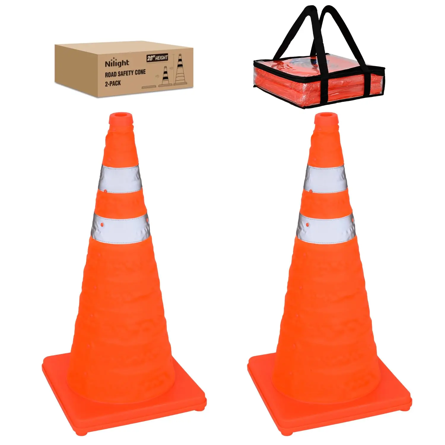 Nilight 2-Pack 28in Oxford Fabric Collapsible Safety Cones - Bright Orange, Reflective Collars, Outdoor Roadside Parking Protective Work Safety Equipment