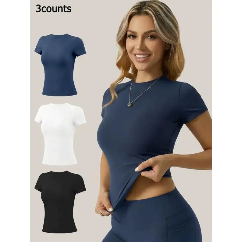 Women Short Sleeve Athletic T‑Shirt, Crew Neck High Stretch Workout Top, Soft Breathable Seamless Gym Sports Tee for Yoga Fitness Daily Wear