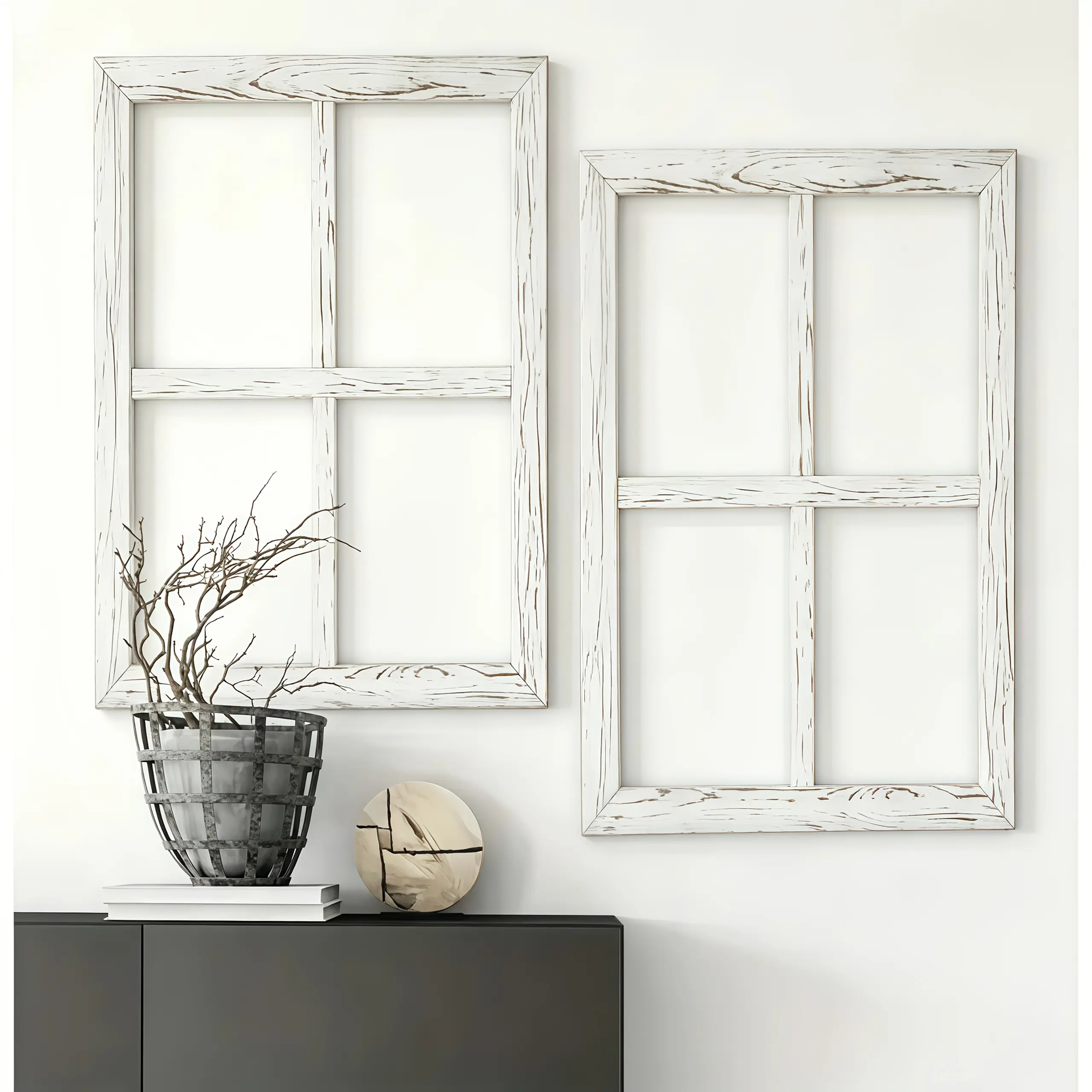 PABHAN 2-Piece Retro Wooden Farmhouse Window Frame Wall Decor - Glassless Shutters, 3D Effect, Indoor/Outdoor Use, Ideal for Everyday Decor, New Year’s, Living Rooms, Two Pieces, Farmhouse Look