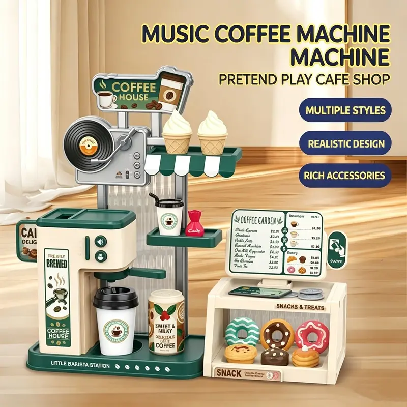 Kids Coffee Shop Pretend Play Set with Running Water Coffee Maker, Lights & Sound Effects, Ice Cream, Donuts & Play Food Sets Toy Food Accessories, Grocery Store Market Stand, Kitchen Role Play Toy, Educational Birthday Christmas Gift for Boys & Girls 3+