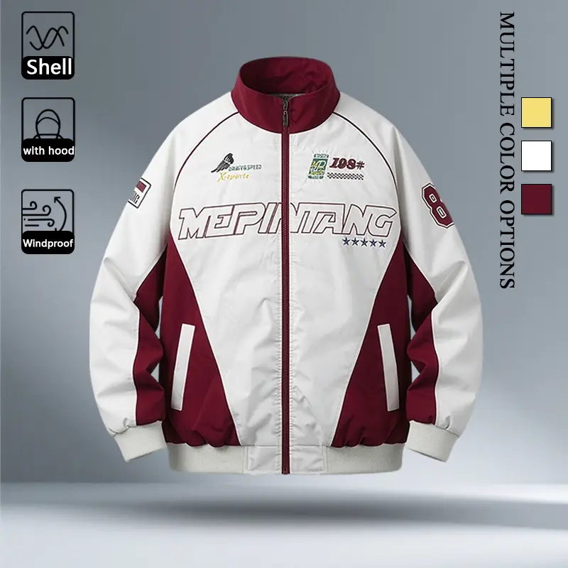 Multi Color Mens Two Tone Stand Collar Windproof Zip Jacket, Large Racing Letter Front Print Smooth Light Breathable Fabric Coat for Teen & Adult Outdoor Activities