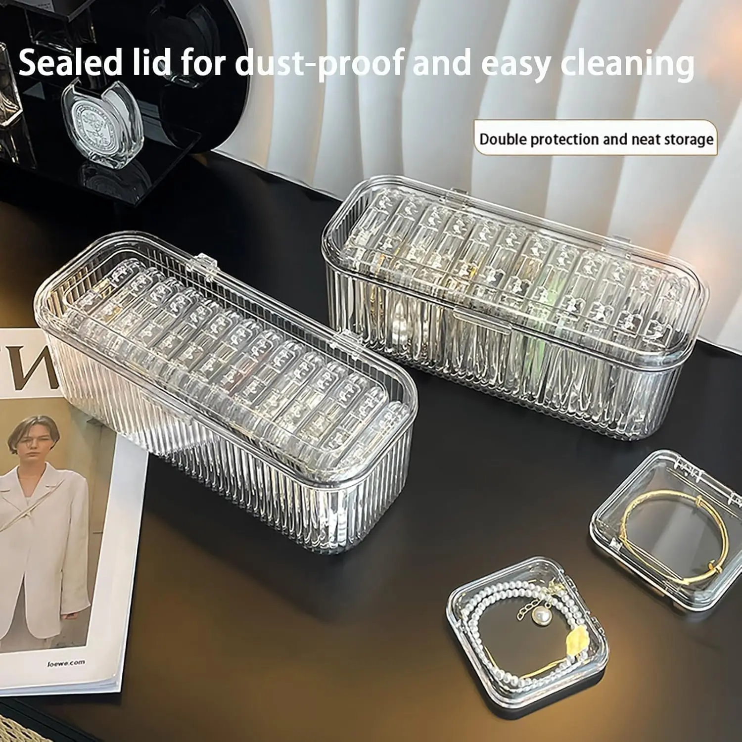 1 set Acrylic Bracelet Jewelry Storage Organizer Box 14-Cube Stackable Bangle Storage Case Plastic Rectangle Holder Organizer Case For Earrings Rings Necklaces Brooch 9.45x4.25x3.8 Inch