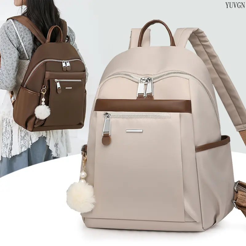 Color Block Oxford Backpacks for School, Casual Daypack for Women with Multi-Pockets & Pom Pom Charm, Ideal for Work & Travel, Colorblock, Book Bags, Oxford Fabric, Adults, Multi-Function