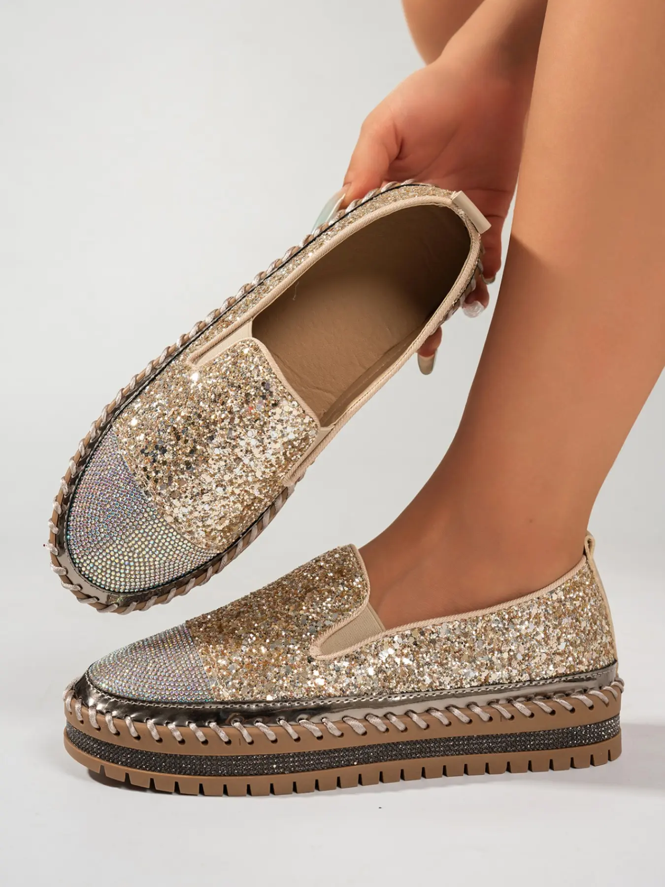 Women's Glitter Rhinestone Fisherman Shoes, Lazy Slip-On Thick Sole Loafers, European Style Sequin Casual Flat Shoes, Multicolor Versatile Commuter Shoes, Casual Slip Ons