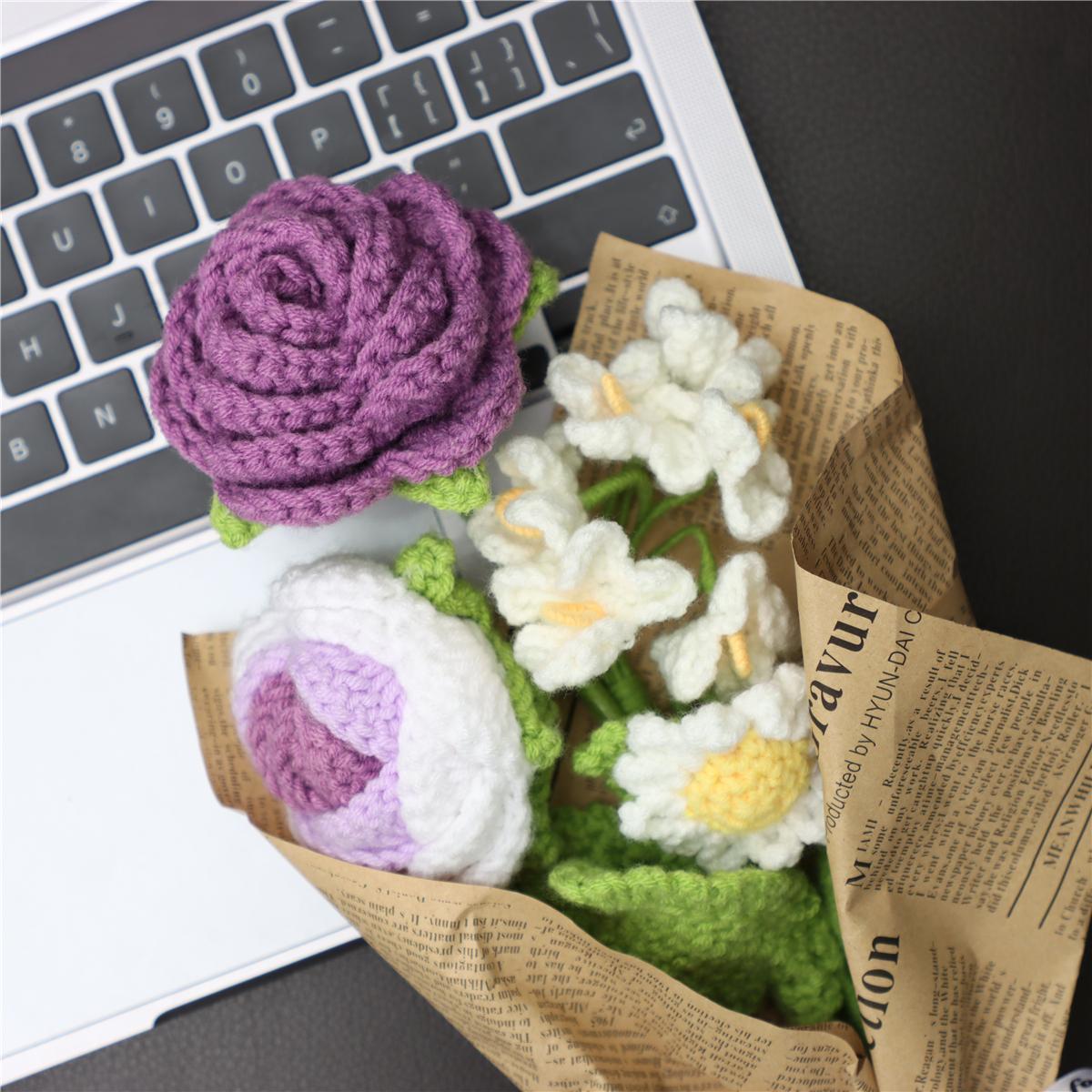 Artificial Flower Bouquet, 1 Count Handmade Crochet Flower Bouquet, Decorative Flower for Home Wedding Party Gift, Creative Olympic Flower Bouquet, Artificial Flower Decoration, Crochet Flowers Bouquet