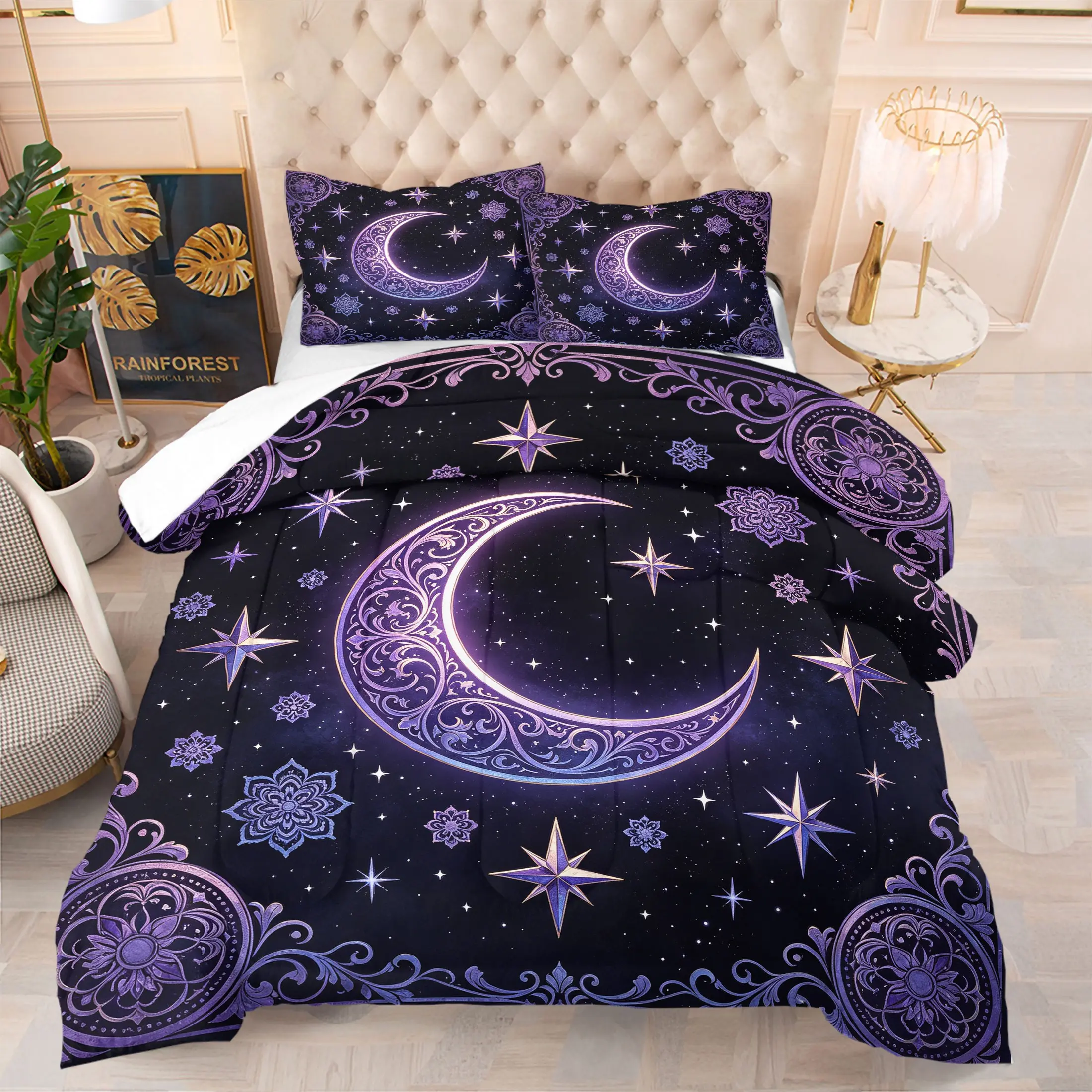 Mystical Purple Moon & Star Comforter Set, Includes 1 Comforter & 1-2 Pillowcases, Bohemian Decor Boho Celestial Star Pattern Print, Gift for Kids, Teens and Adults, Astrology Theme Gift for Boho Decor Fans, Twin/Full/Queen Size