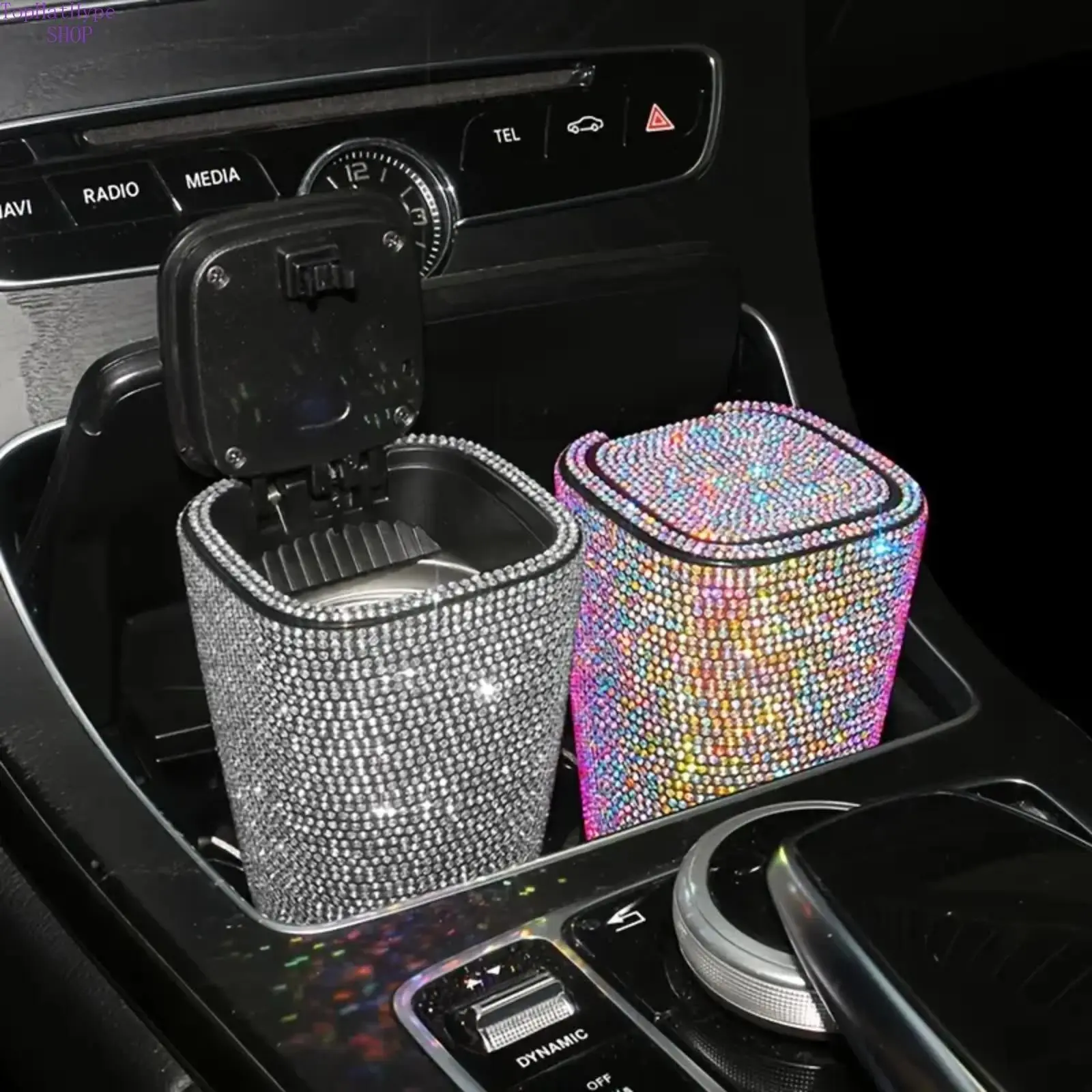 Bling Crystal Car Trash Can with Lid, Mini Odor-Proof Cup Holder Bin for Auto, Glamorous Interior Storage and Vehicle Accessories for Women, Car Interior Storage, Car Accessories