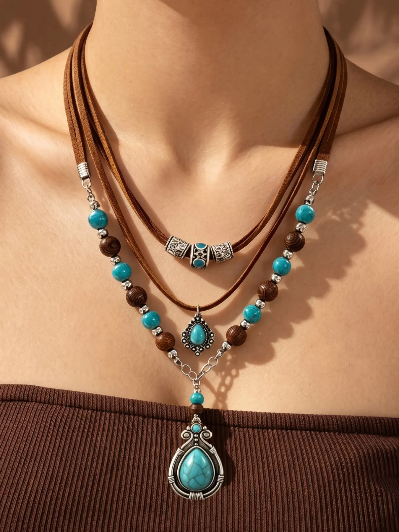 1 Pc Western Turquoise Layered Choker Necklace for Women, Multi-Row Faux Suede Leather Cord Wooden Bead Y-Lariat Teardrop Pendant, Southwestern Boho Cowgirl Country Festival Accessories, Beaded Necklaces