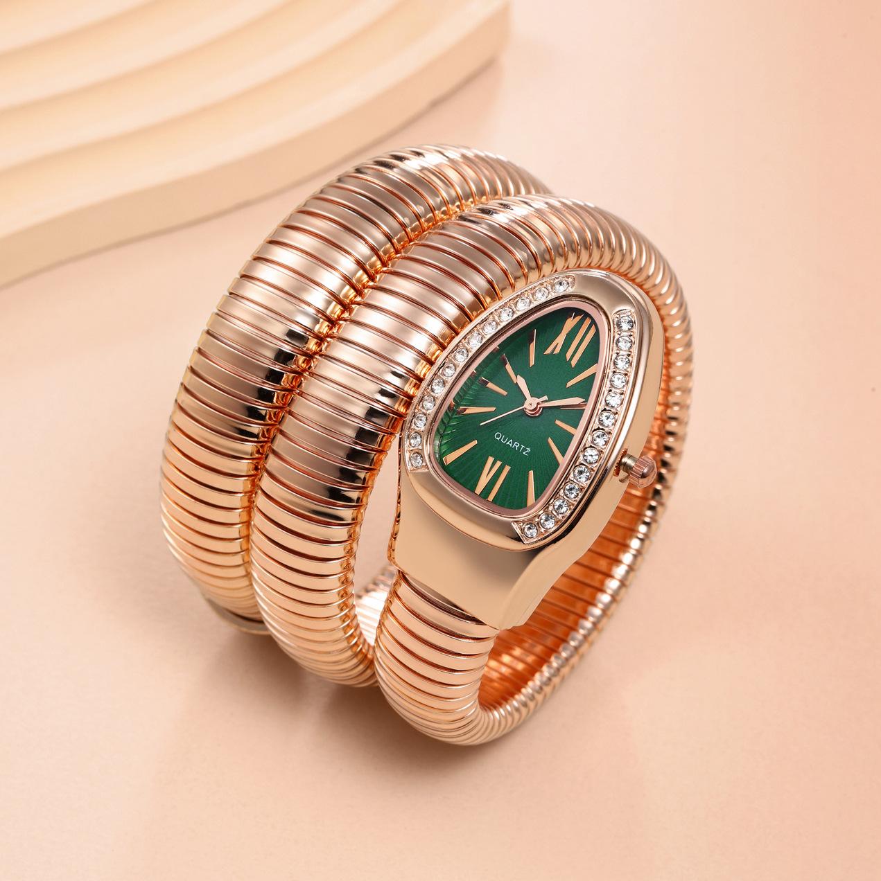 Women's Luxury Gold Snake Bangle Quartz Watch - Wrap Around Wristwatch with Crystal Diamond Bezel, Mother of Pearl Dial, Roman Numerals, Elegant Retro Statement Timepiece, Perfect Gift for Her