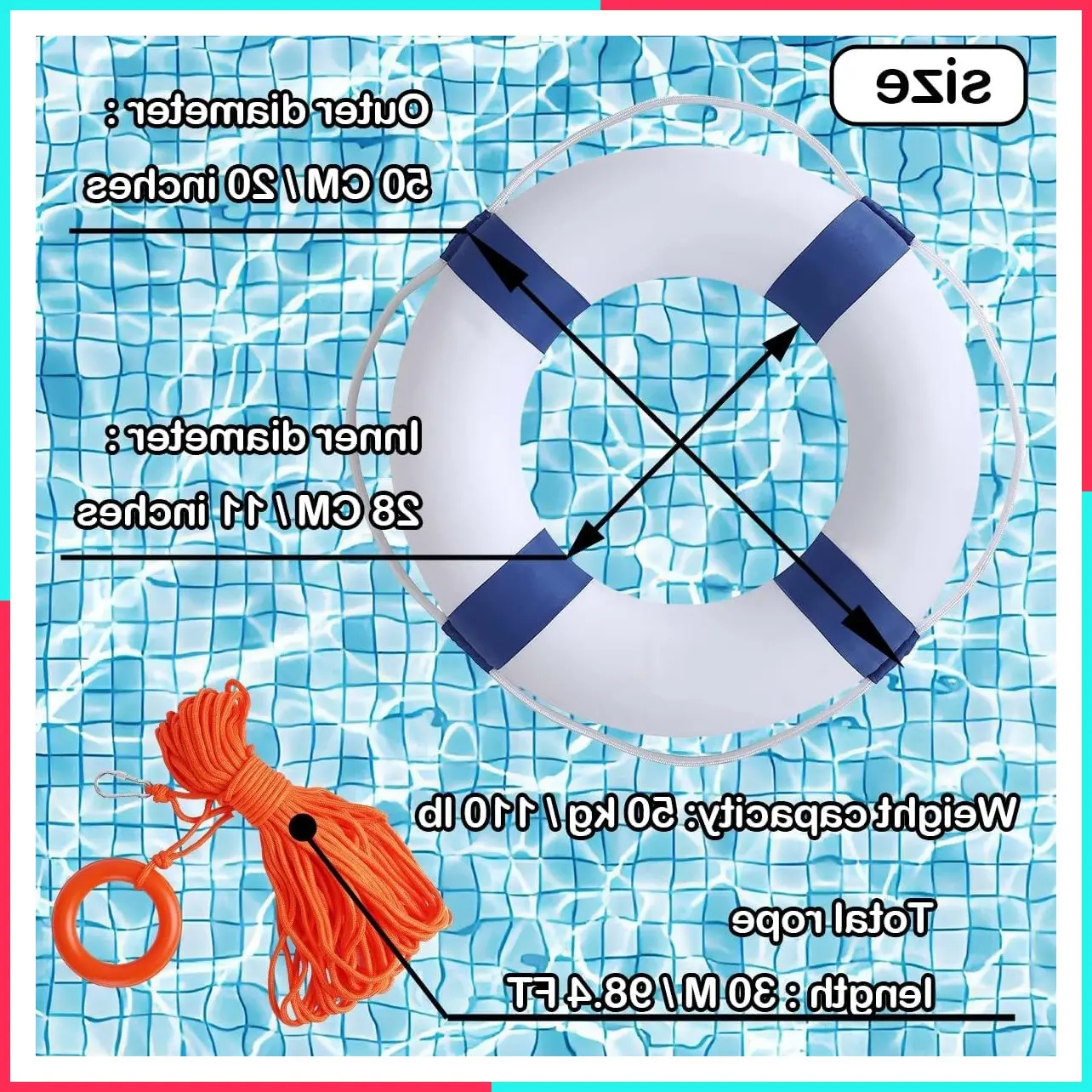 20 Inch Throwable Life Preserver Ring with 98.4FT Floating Rescue Rope - Emergency Flotation Device for Boating, Pool, Lake & Beach - Swim Foam Buoy with Perimeter Line Kit