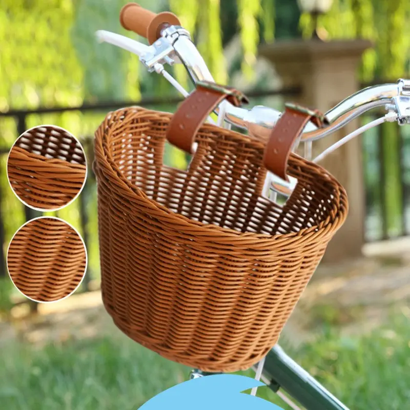 1pcs Imitation Rattan Plastic Storage Basket, Outdoor Durable Skateboard Stroller Child Bicycle Basket, Large Small Electric Bike Basket, Handmade Bicycle Basket