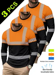 Men's Creative Long Sleeve T-Shirt, 3-Pack Blue, Reflective Stripes, Outdoor Breathable Workwear, All Seasons