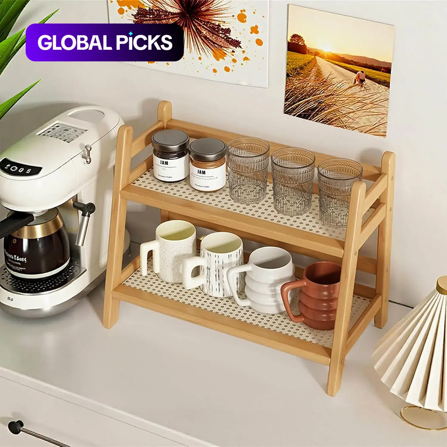 Wicker-Look Tea and Coffee Bar Station Organizer, Bamboo Mug Holder, Cup Holders and Matcha Stand, Cup Display Shelf and Condiment Storage Rack for Kitchen Counter, 2-Tier Beverage Organizer Display Riser