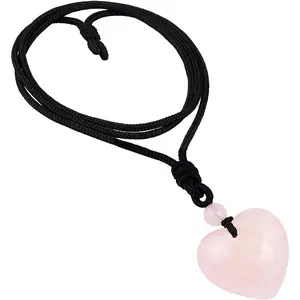 Carved Stone Heart Shape Necklace Chakra Quartz Pendant with Cord Amulet Healing Crystal Jewelry for Unisex