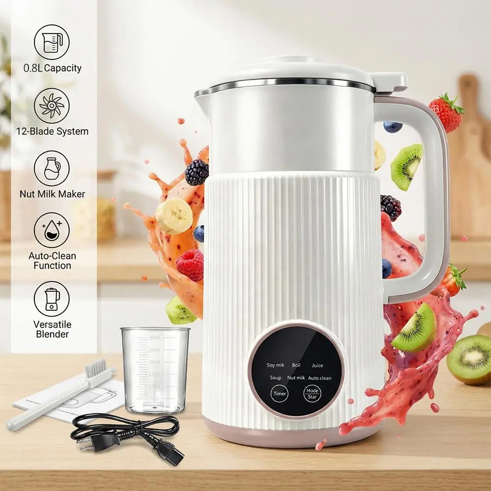 0.8L Nut Milk Maker & Soup Blender with 12-Blade System, One-Touch Auto-Clean Function, Versatile Soy Milk Maker for Smoothies, Juices & Hot Soups, Compact Kitchen Appliance with Boil Function for Family Use