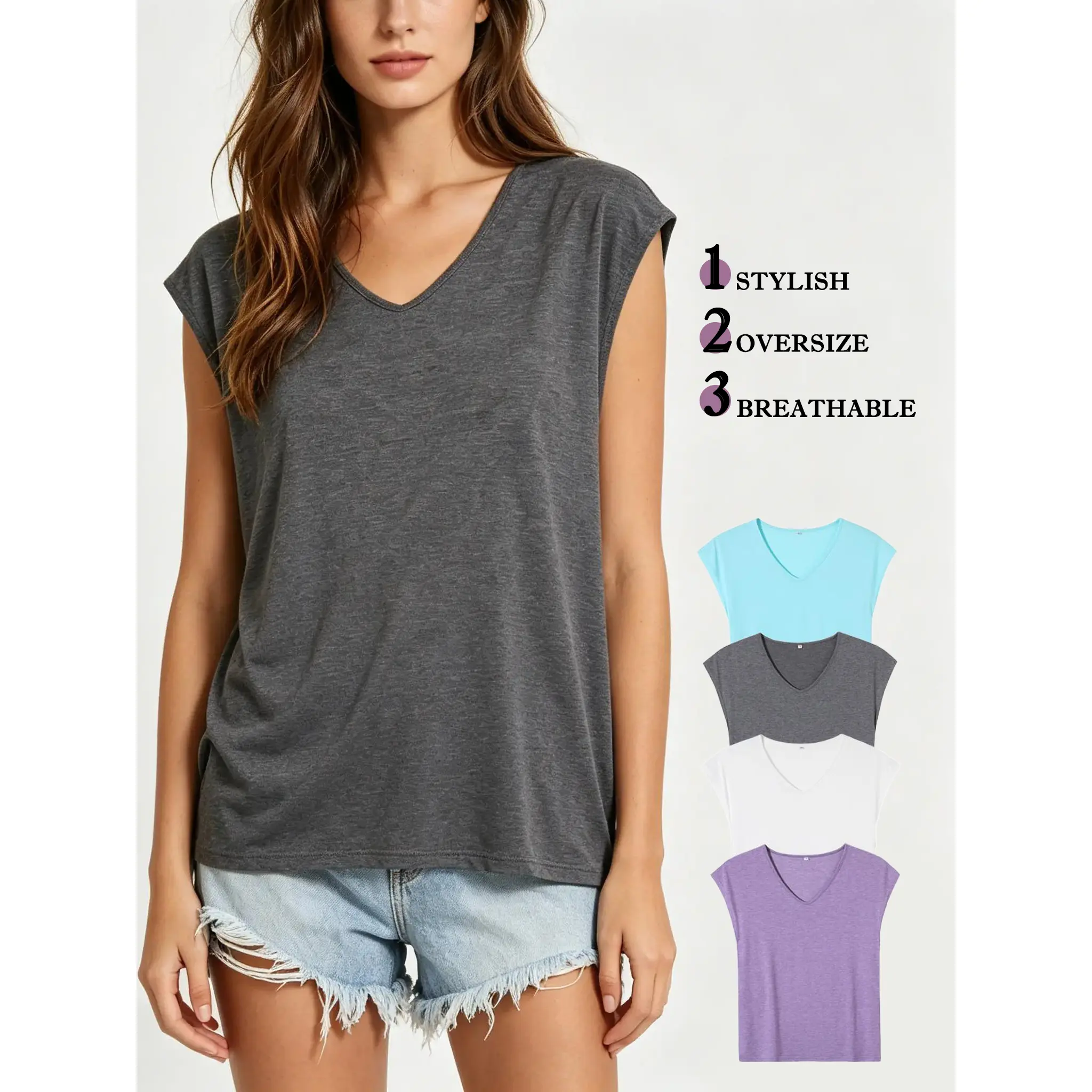 ECHOSTUDIAO 4 Pack V Neck Sleeveless T-Shirt oversized Women Casual Soft Blank Tee Set Cap Sleeve Tank Top Plain Vest Multipack Yellow White Blue Purple Grey tshirt