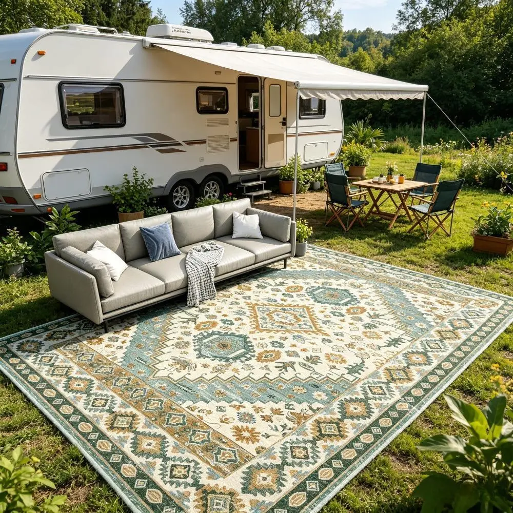 ORHOPUI Outdoor Rug for Patio Deck RV Camping, Vintage Boho Area Rug, Lightweight Foldable Outdoor Carpet for Balcony Backyard Picnic Porch, Easy Clean Reversible Floor Mat, 5x7 6x9 8x10 9x12, Polyester, Flat Weave, Machine Washable Rugs, Multi-Size