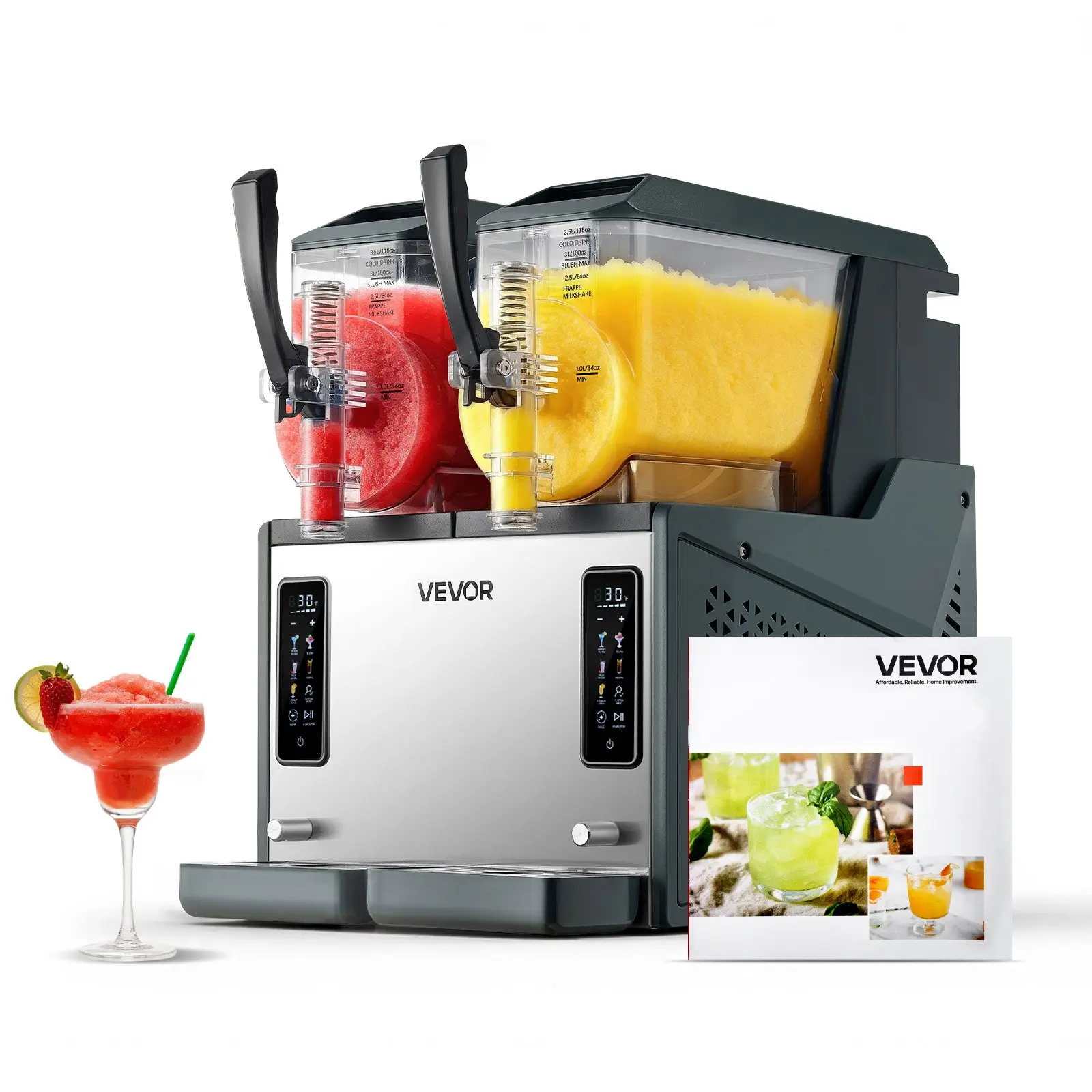 VEVOR Ice-Free Slushie Machine, 2-Tank 4L/135oz Frozen Drink Maker with Self-Cleaning Kit, Ice-Free Mix Compatibility for Home Users, Margarita & Frapp Maker, Frozen Drinks