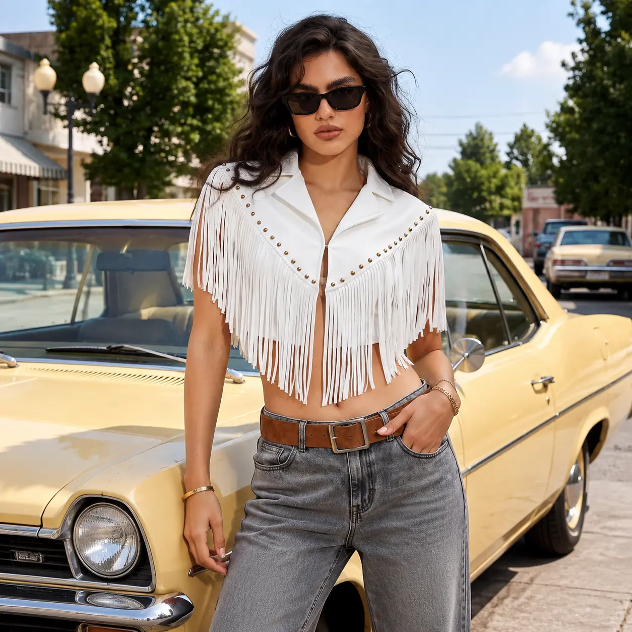 Women's Casual Lightweight Denim Western Fringe Tassel Cropped Cowboy Jacket - Open Front, Studded Detail, Boho Statement Coats Outerwear
