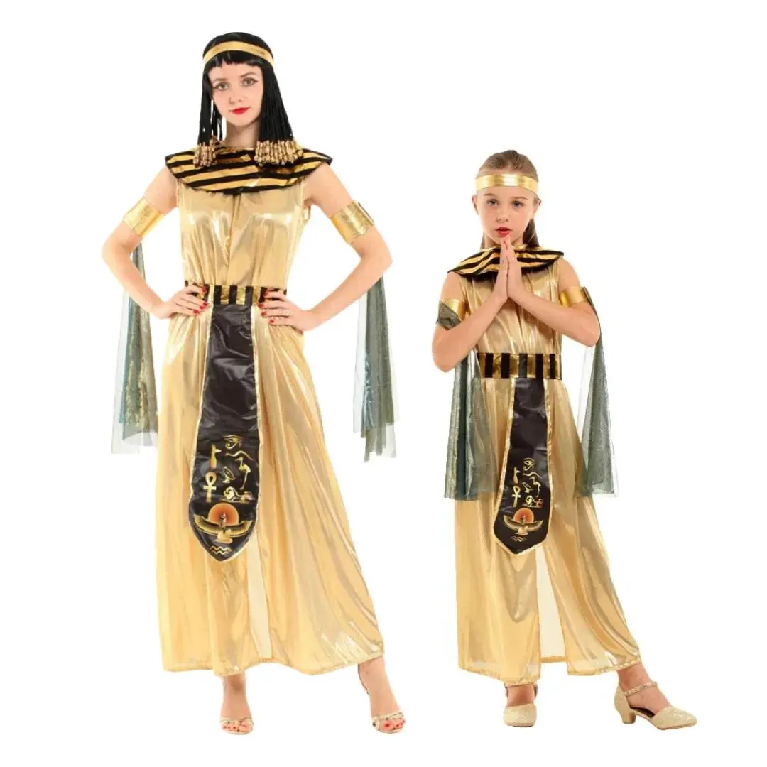 Children Adult Ancient Egyptian Pharaoh Goddess Cleopatra Cosplay Costume Gold Ancient Egyptian Cosplay Queen Robe