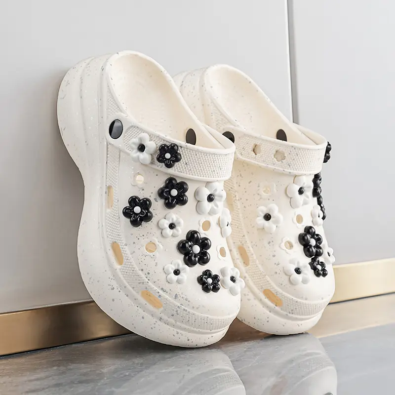 Women's Platform Clogs with Flower Charms, Summer Glitter Speckled EVA Thick Sole Non-Slip Convertible Indoor Outdoor Beach Sandals