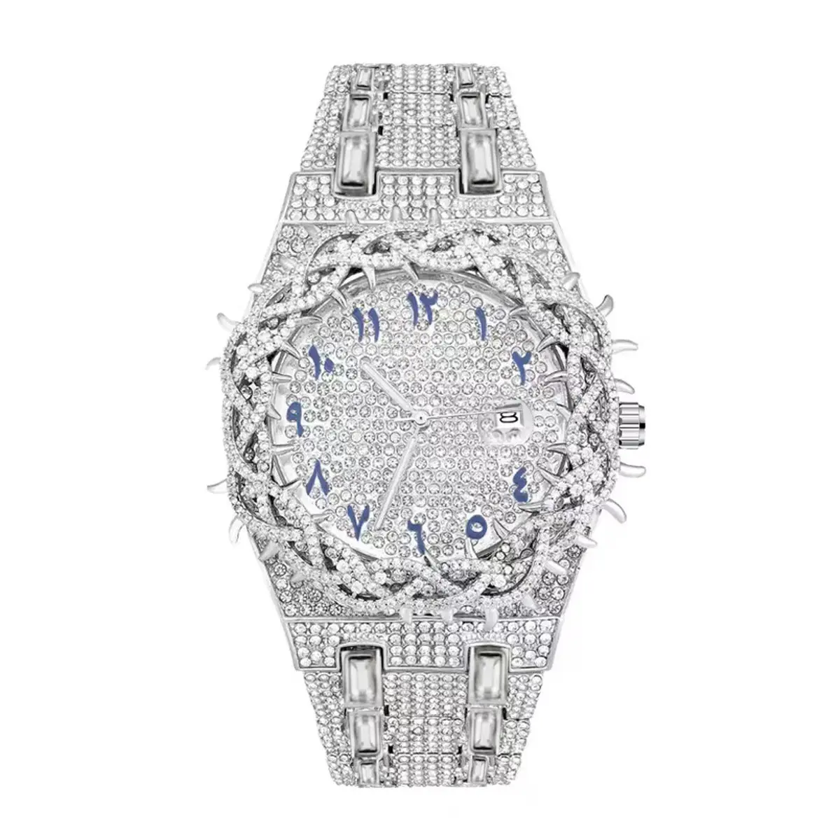 Unisex Hip-Hop Zinc Alloy Quartz Watch - Full Iced Out Large Dial, Rhinestone Zirconia Strap, Calendar Display, Party Wear All-Match Trendy Gift