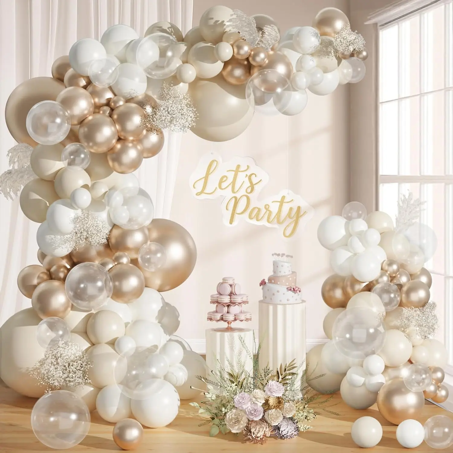 Sand White Champagne Gold Balloon Arch Kit, 101 pcs White Nude Metallic Champagne Gold Clear Balloons for Engagement Bridal Shower Birthday Wedding Anniversary Party Decorations