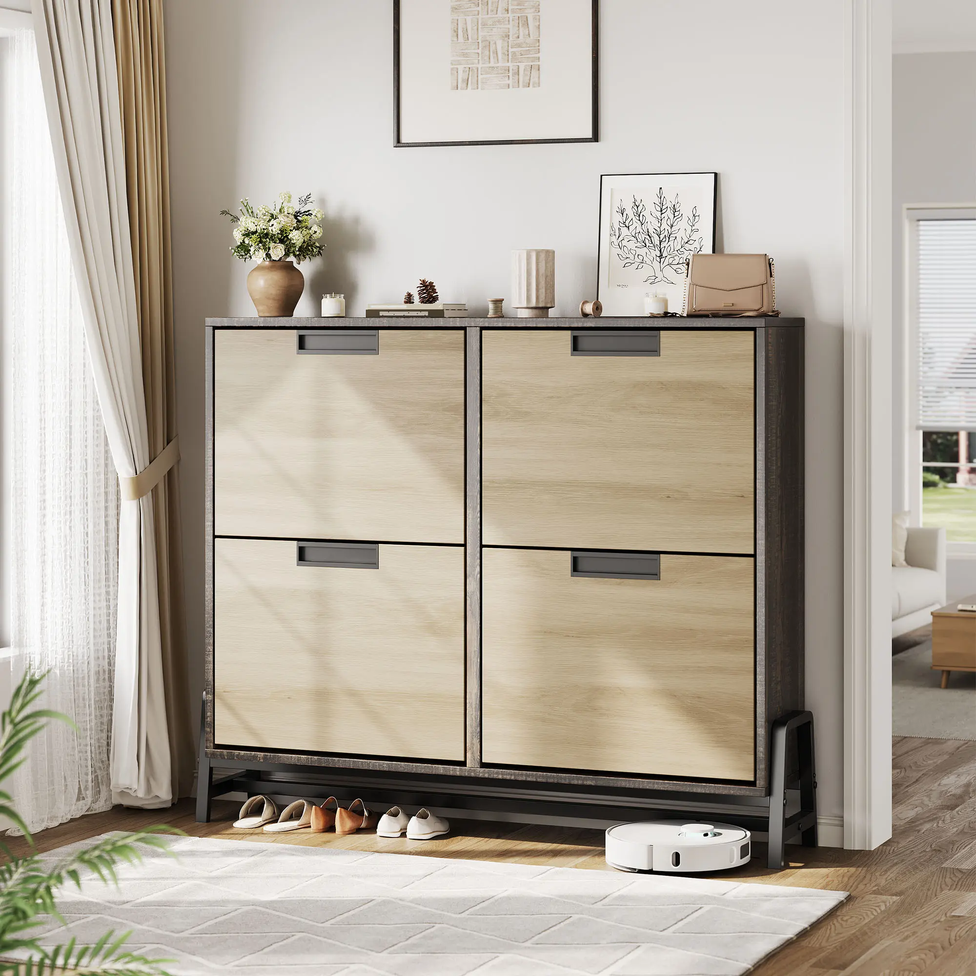Space-Saving Freestanding Shoe Cabinet - 4 Turnover Drawers, 3 Adjustable Tiers, Modern Narrow Entryway Organizer, Hallway Storage Rack for Foyer & Living Room