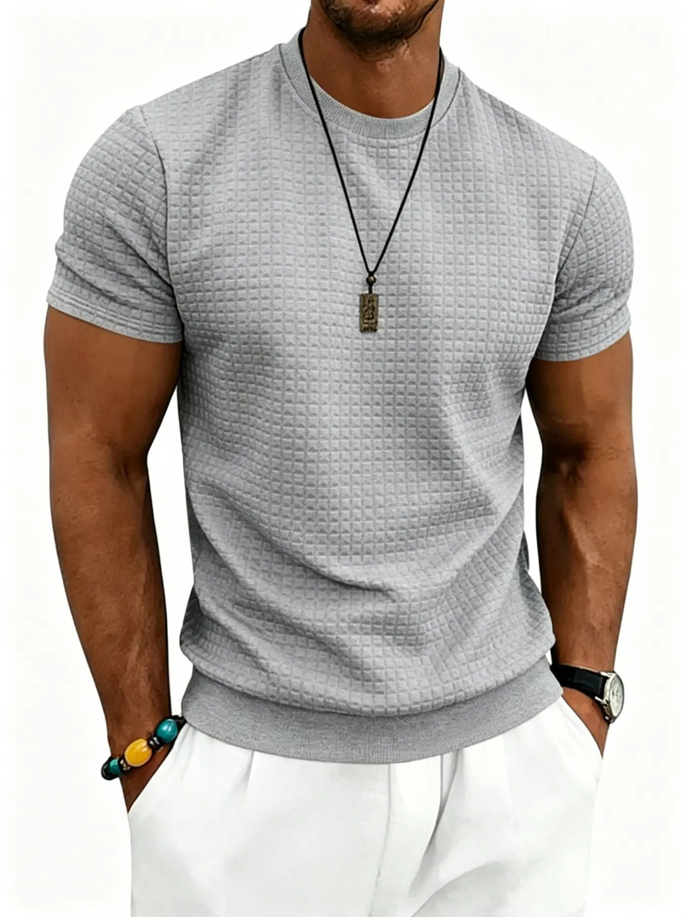 Multiple Colors Available Men's Waffle Knit Textured Short Sleeve T-Shirt, Casual Sport Shirt, Menswear, Stretchy Slim Fit, Breathable & Moisture-Wicking Crew Neck Top, Round Neck, Trendy Solid Color Base Layer for Work, Gym, Dates & All Casual Scenarios