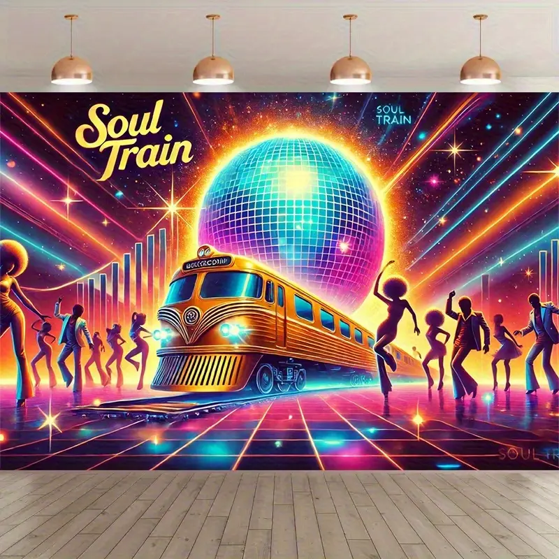 1pc Vivid Soul Train and Dancer Party Backdrop - Vintage Disco Party Photography Background with Colorful Lights and Retro Train, Suitable for Studio Props, Birthday and Holiday Decorations, Indoor/Outdoor Use, Party Decoration