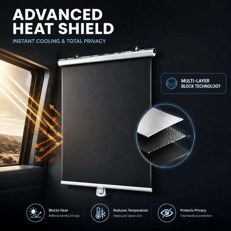 Drill-free Suction Cup Blackout Roller Shade, Instant Cooling & Privacy Protection. One-touch Retractable Design, Simple and Convenient to Use. Window Shade Cover, Retractable Sunshade