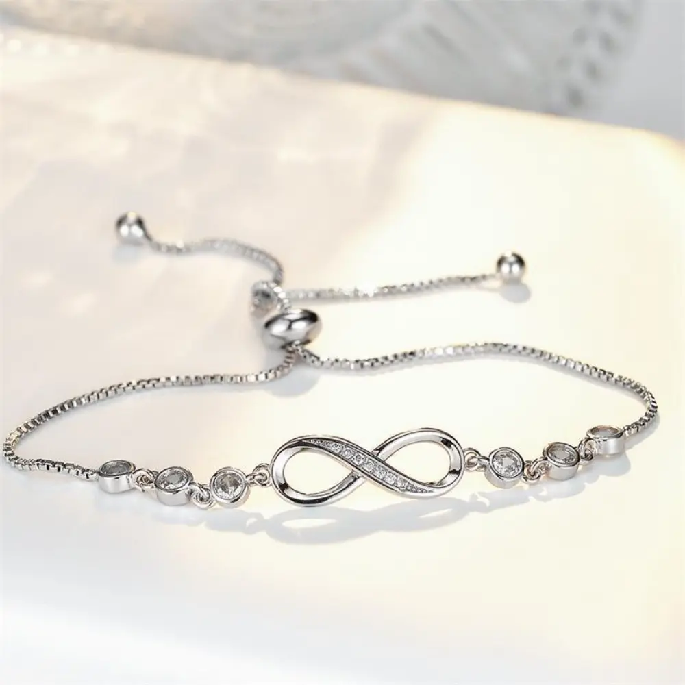 Pave Cubic Zirconia Bracelet Set for Women, Minimalist Infinity Symbol Jewelry with Adjustable Slider for Everyday Wear