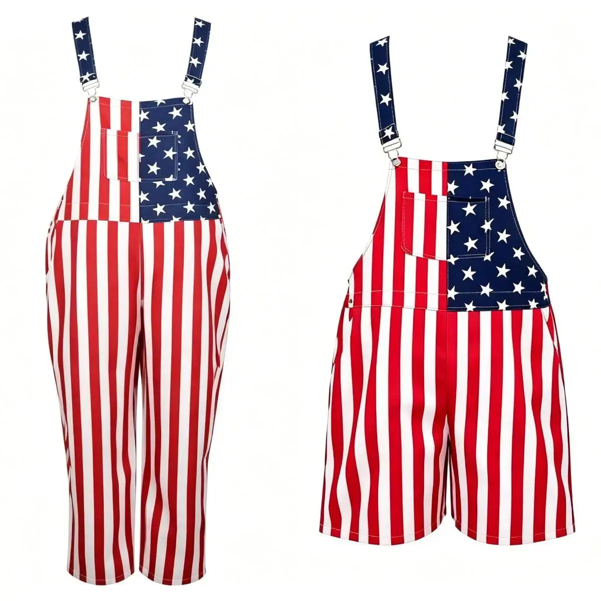 Women's Short Overalls with Star Stripe Pattern, Striped Polyester Jumpsuits for Women - Memorial Day Celebrations, Casual Vacation Wear
