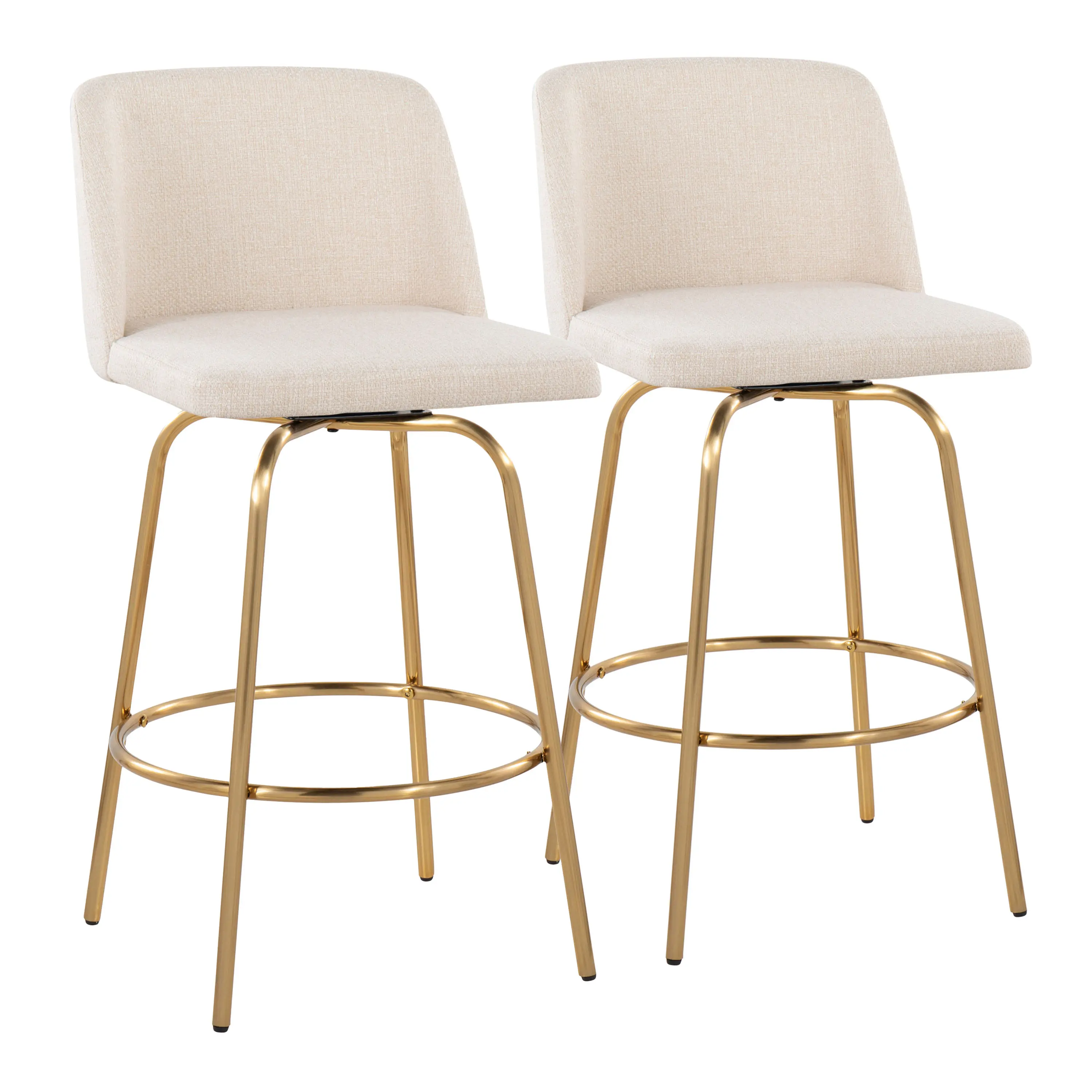 Nokaa 26" Counter Height Bar Stool Set of 2, Contemporary Swivel Barstools with Cream Fabric Upholstered Seat, Gold Metal Frame, Round Footrest, Fixed Height, for Kitchen Island, Home Bar, Dining Room