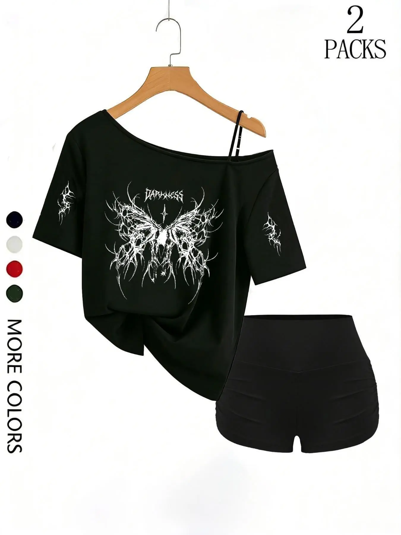 Women's Spring/summer Y2K Grunge Aesthetic 2-Piece Set, Gothic Tree of Life & Moon Phase Print, Off-Shoulder Tee, High-Waisted Shorts, Casual