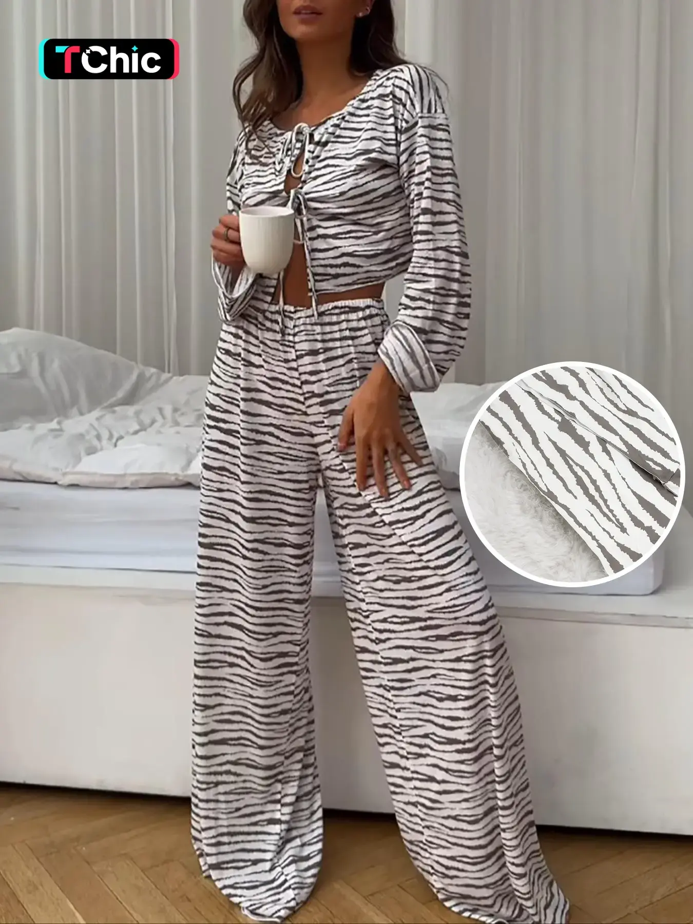 Two-Piece Set Women's Zebra Stripe Print Tie Front Crop Top & Elastic Waist Wide Leg Pants Pyjama, Striped Comfy Drop Shoulder Long Sleeve Knit Top & Trousers PJ Set, Pajama Suit, Women's Sleepwear & Loungewear for Spring/Summer Pajamas Soft