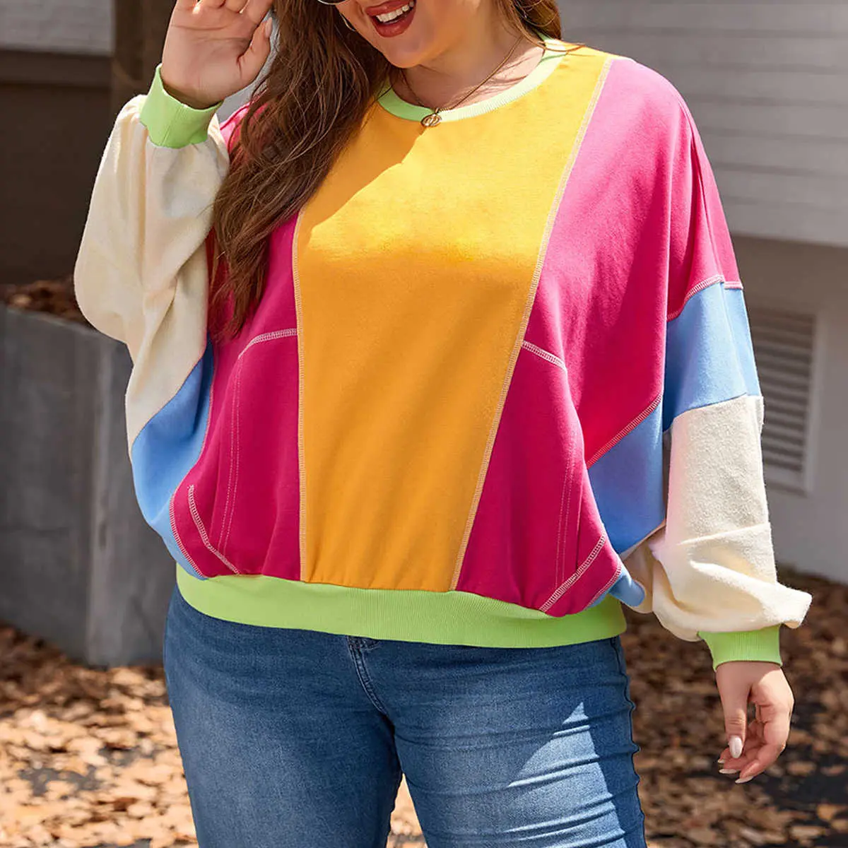 Rose Red Plus Size Colorblock Patchwork Exposed Seam Sweatshirt
