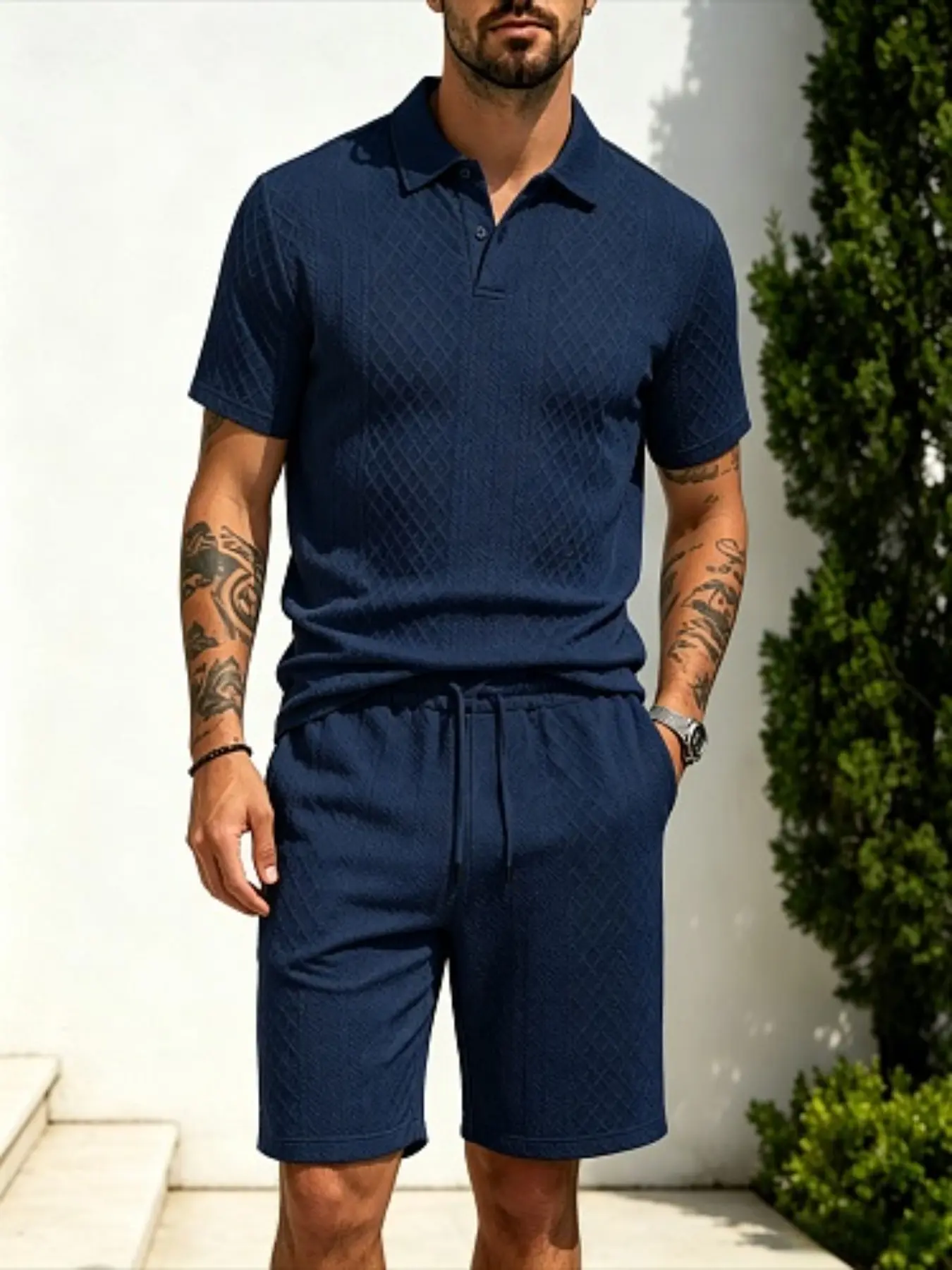 Summer New Rhombus Jacquard Men's Two-Piece Set, Turn-Down Collar Half-Zip Polo Shirt, Drawstring Five-Quarter Pants, Loose Fit Casual Suit