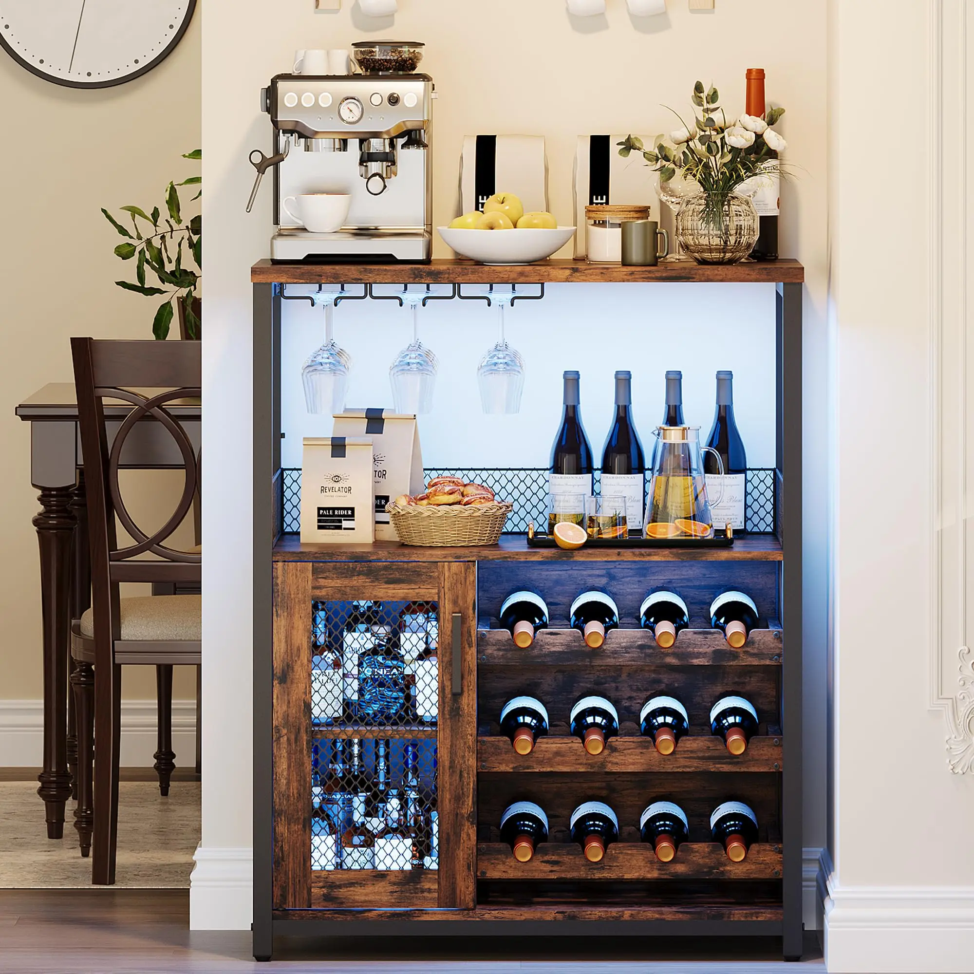 GARVEERustic Brown Wine Bar Cabinet with LED Lighting, Adjustable Shelves, Mesh Door & Baffle, 12+ Bottle Capacity, 9 Glass Holders, 3-Tier Storage, Remote Control, Compact 36" Tall Liquor Cabinet for Home, Kitchen, Dining Room